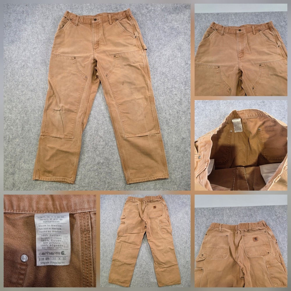 Carhartt Pants Mens 35x30 Brown Duck Canvas Double Knee Front Work Dungaree B136